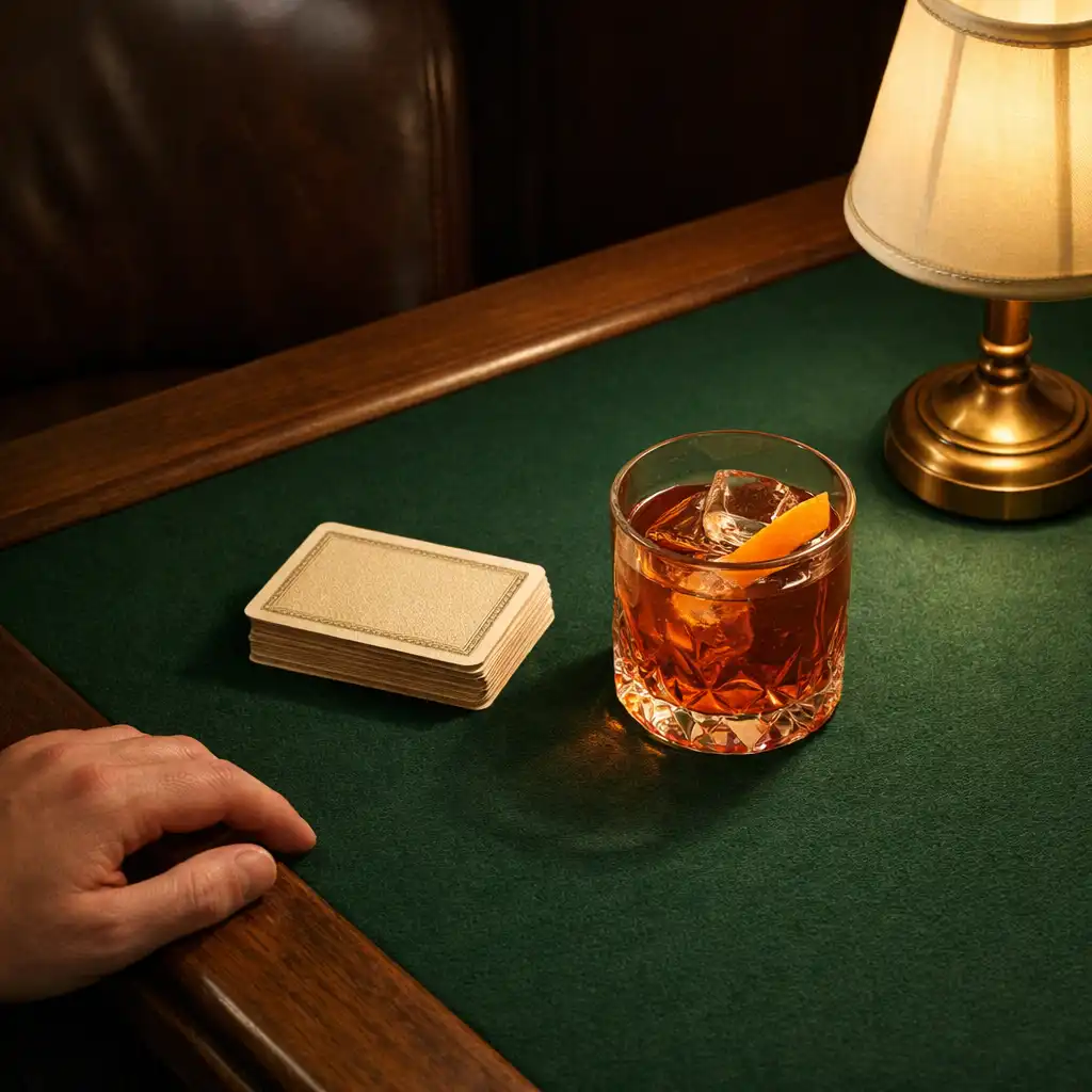 Playing cards and a handcrafted drink on a deep green Card Lounge table