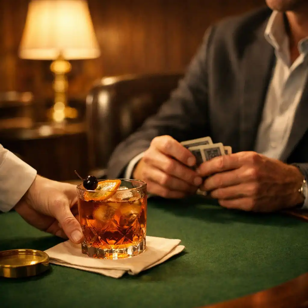 Guest arranging cards at a green-felt table as a handcrafted drink is served nearby