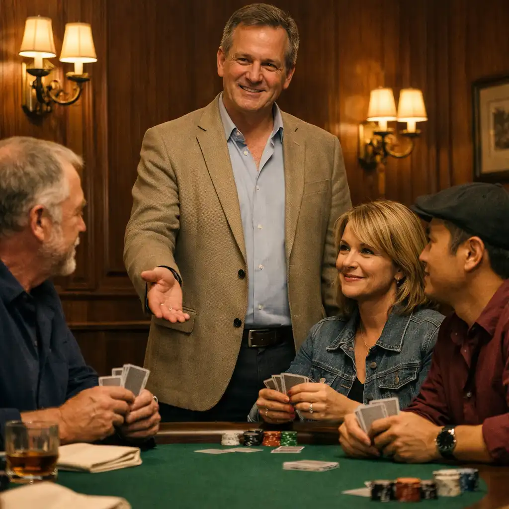 A host guiding guests at a green felt poker table in a warmly lit Card Room.
