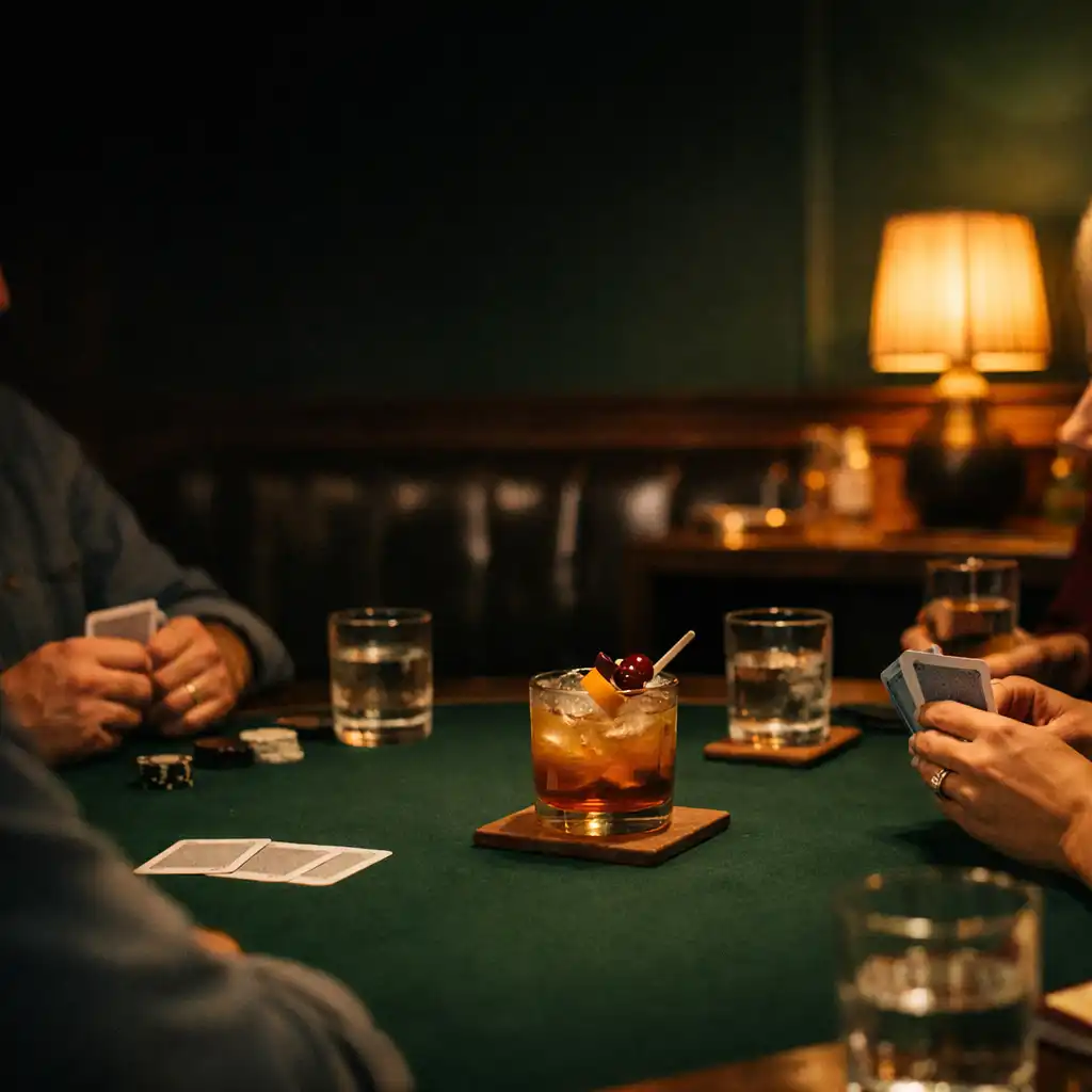 Guests gathered around a green felt poker table in The Hidden Parlour Card Lounge.