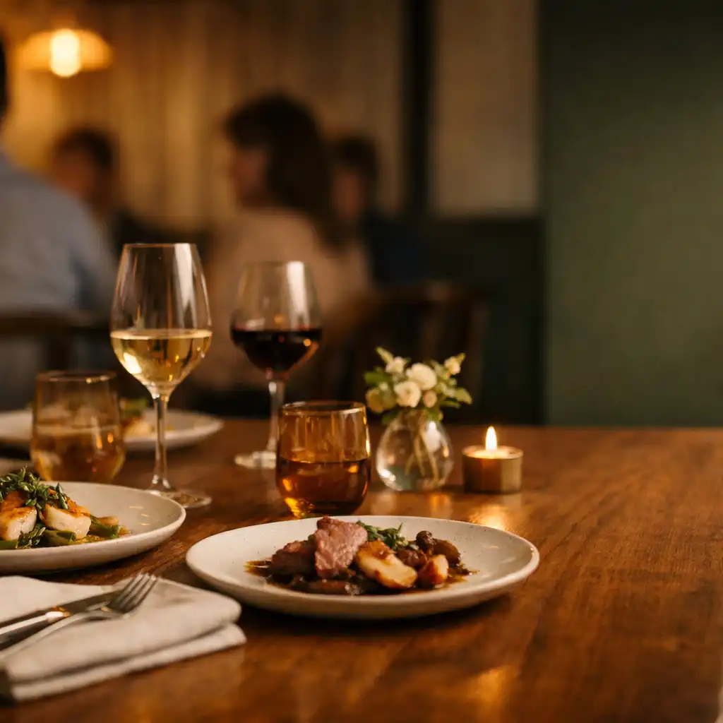 A warmly lit seasonal dining table with linen, glassware and contemporary Australian dishes.