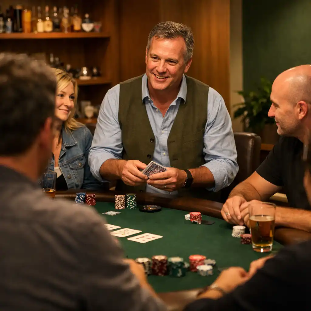 A host welcoming a small group at a full-size felt table in a warmly lit Card Room