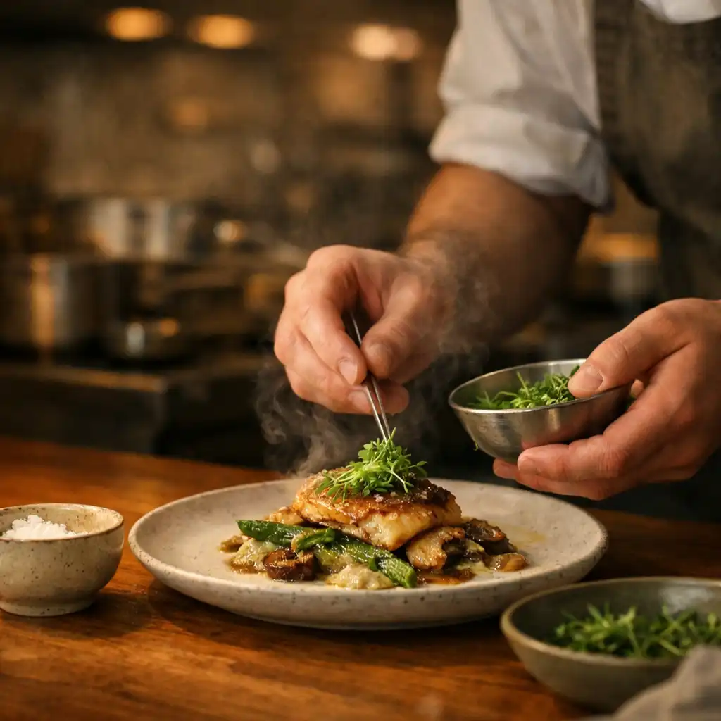 Chef’s hands finishing a seasonal plate on a timber kitchen pass