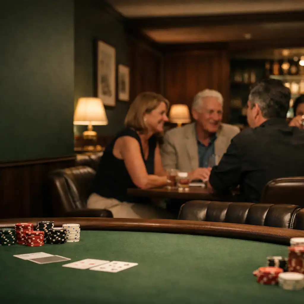 Warmly lit Card Lounge with a green-felt poker table and guests in relaxed conversation
