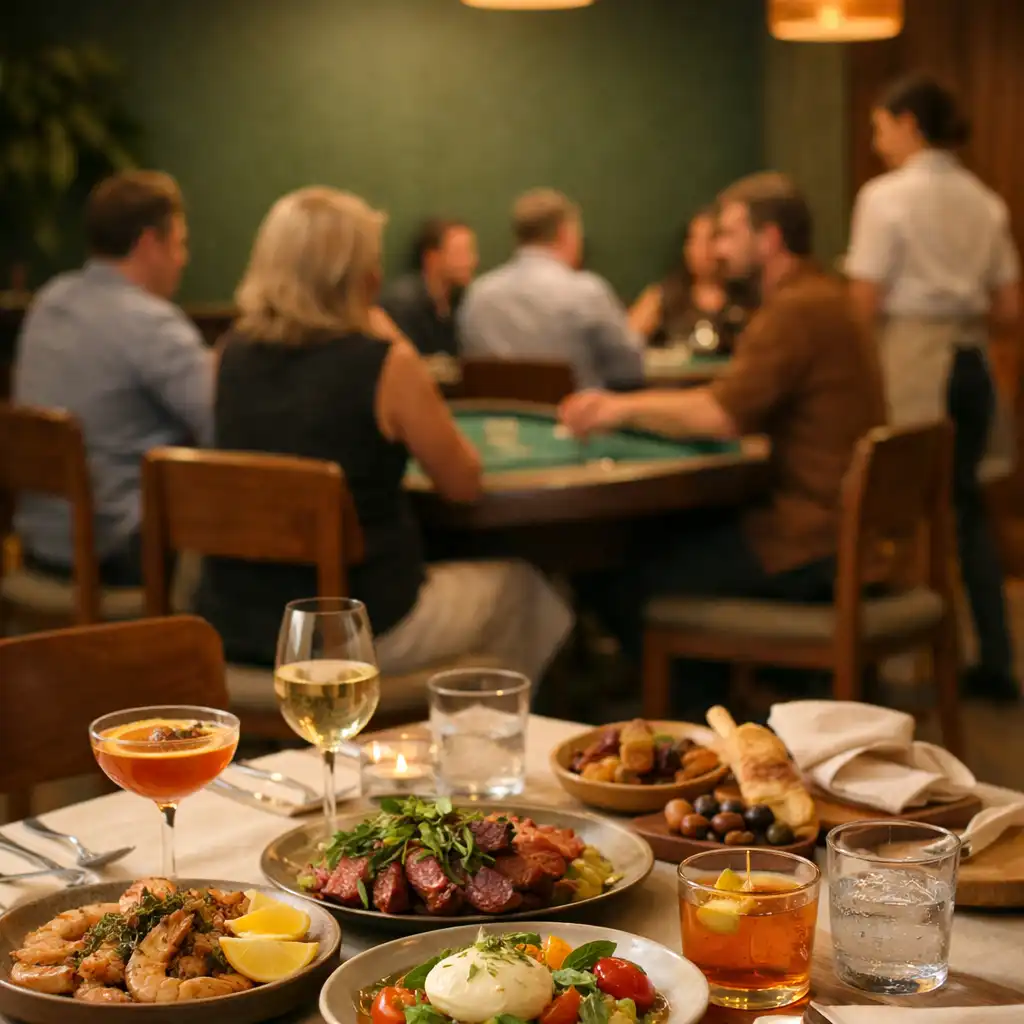 Dining table with seasonal dishes and drinks in front of a warmly lit Card Lounge
