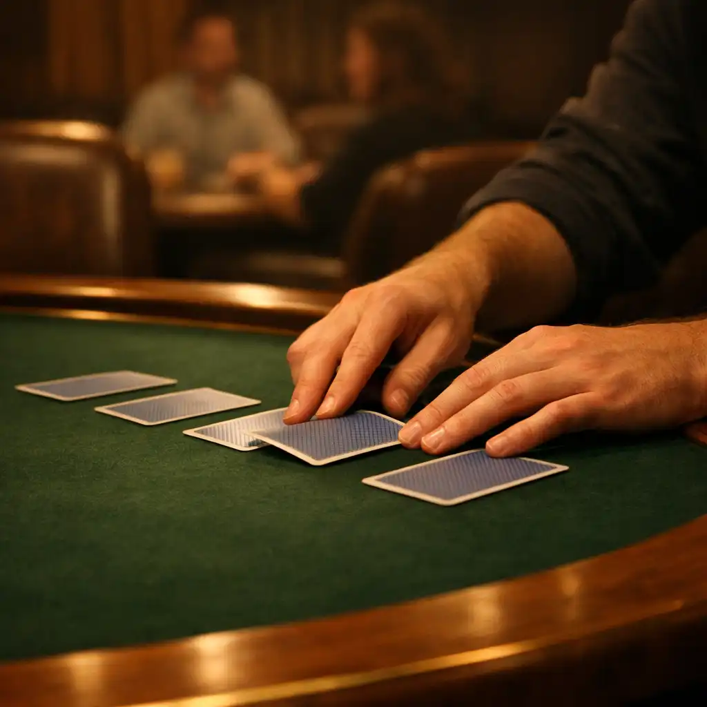 A host arranging face-down cards on a green felt table in the Card Lounge
