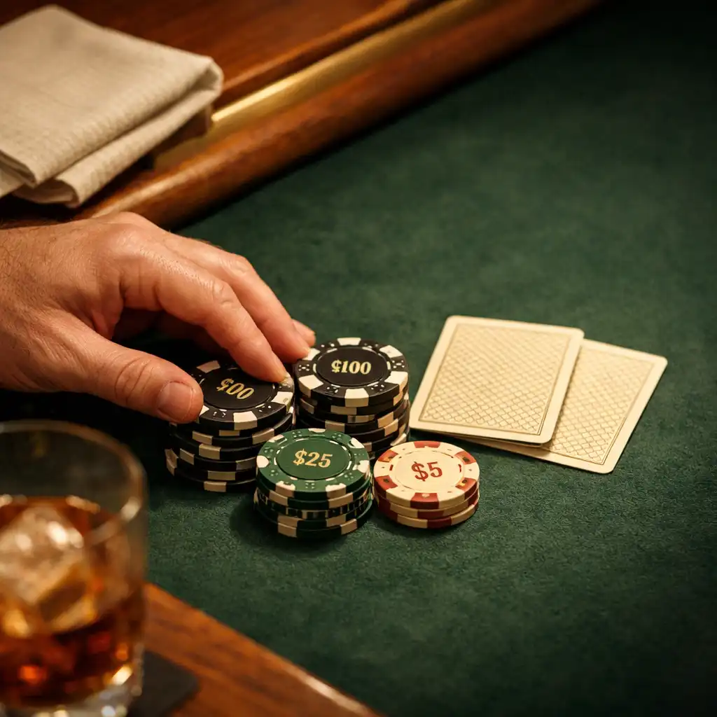 Hands arranging playing chips beside cards on green felt and a timber poker table rail