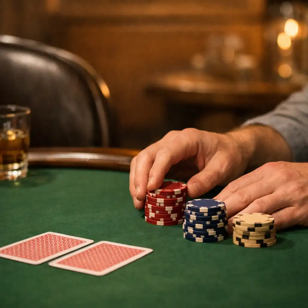 Hands arranging poker chips beside face-down cards on green felt beside a leather chair