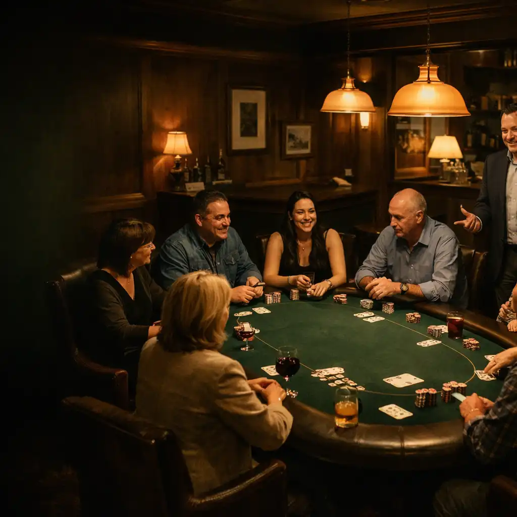 A warmly lit full-size green felt poker table in The Hidden Parlour Card Lounge with guests and leather chairs