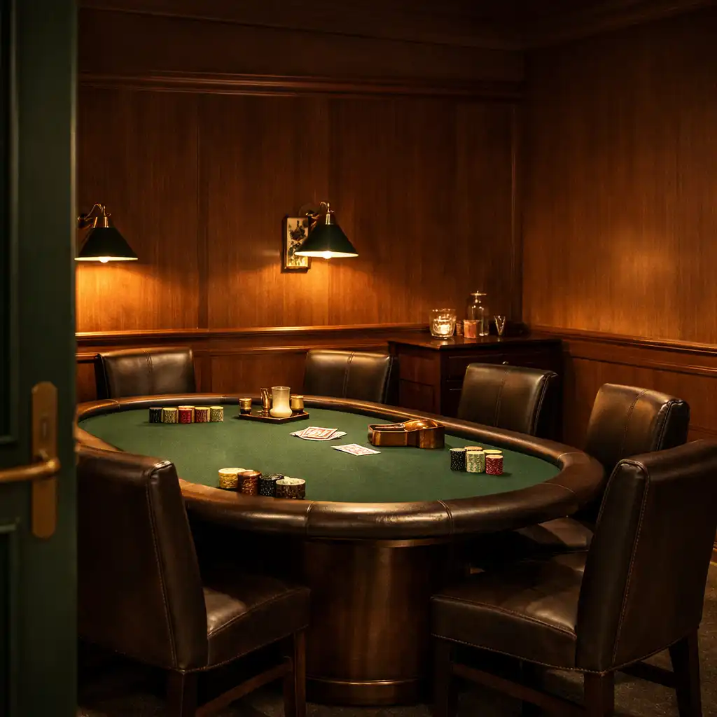 Prepared private card room with a green-felt poker table, leather chairs and warm timber walls