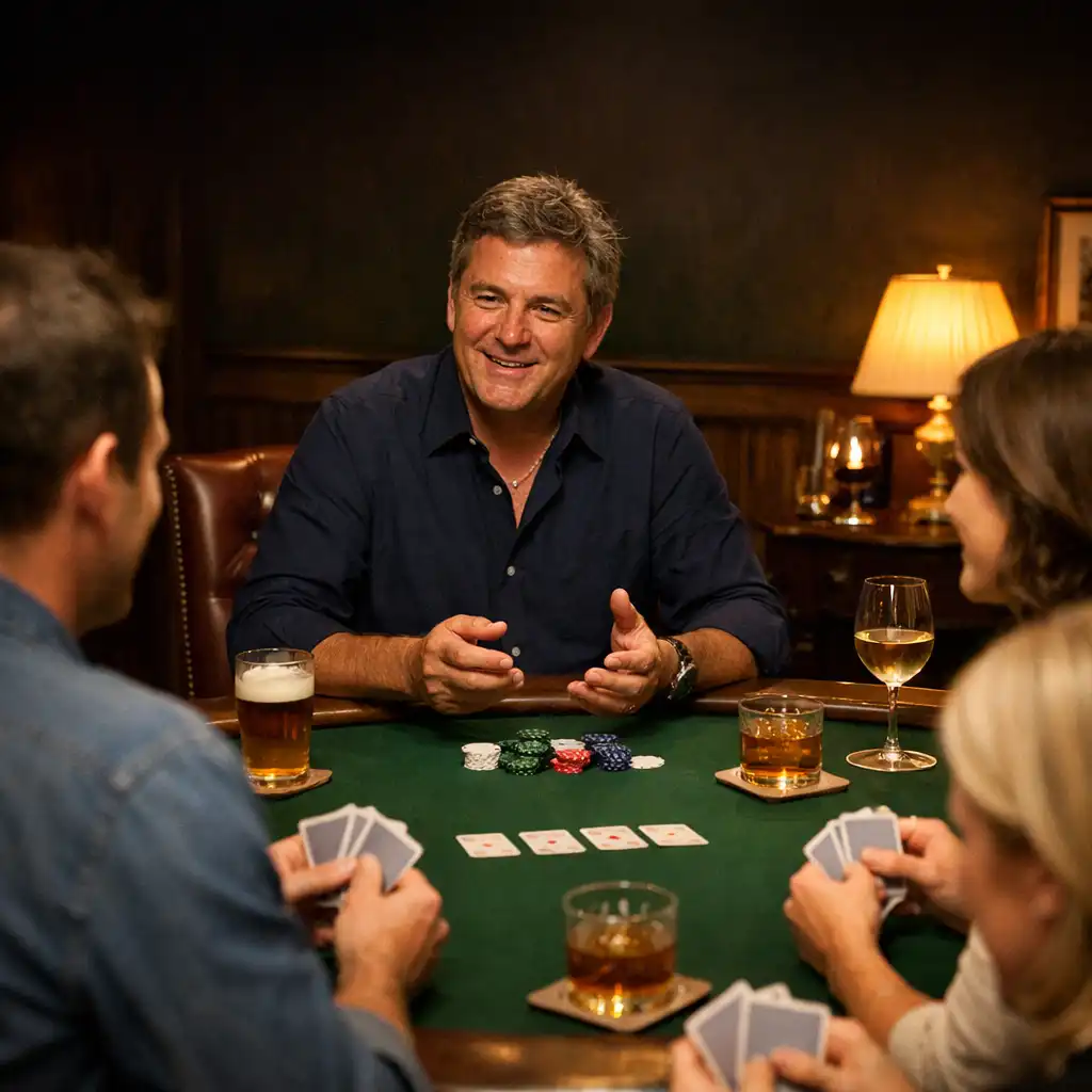 A small group enjoying relaxed social card play at a deep green felt table