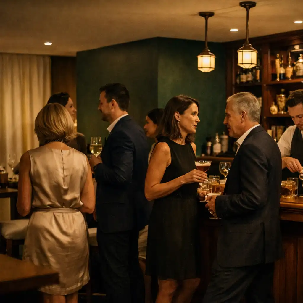 Guests talking near a timber bar during a cocktail reception