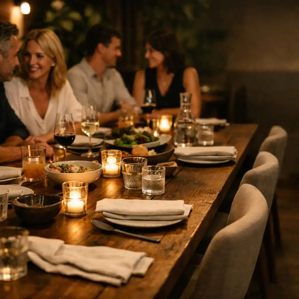 Guests gathered around a warmly lit timber table for a private supper