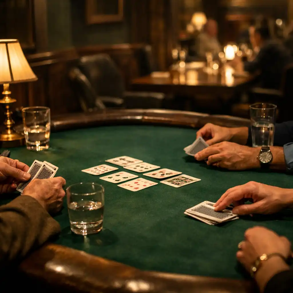 Guests' hands gathered around a felt-topped card table