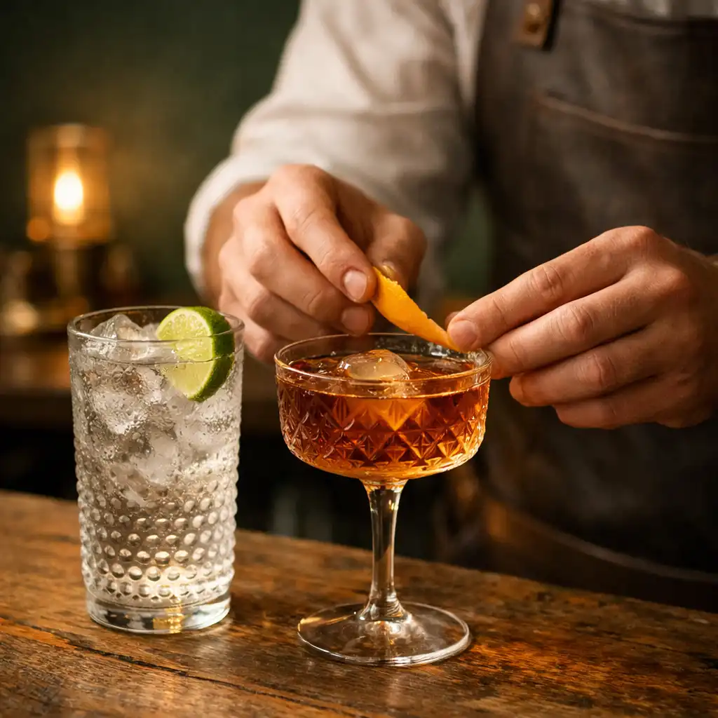 Bartender finishing a drink on an aged timber bar