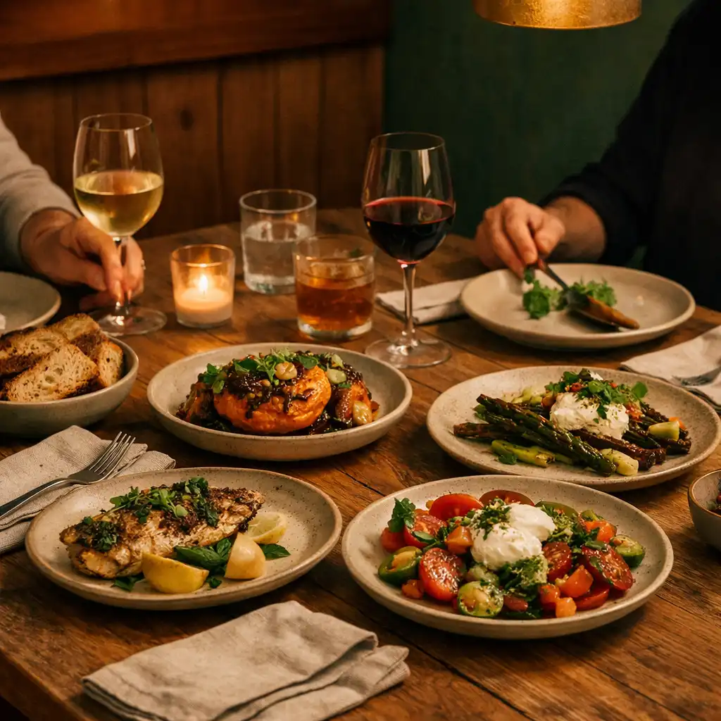 Shared plates and drinks on a warmly lit restaurant table