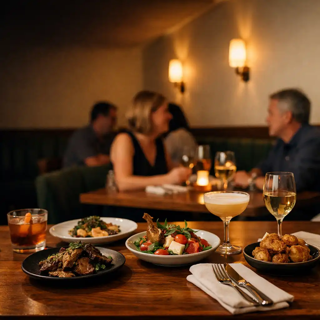 A warmly lit shared dining table at The Hidden Parlour
