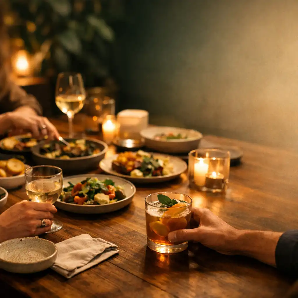 Guests sharing seasonal plates and handcrafted drinks at a timber dining table